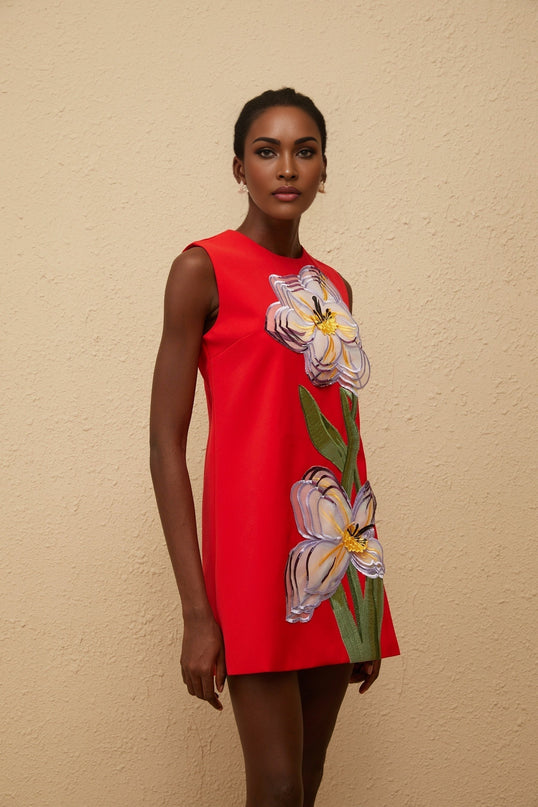 Irène Red Sequin Floral Embroidered Mini Dress