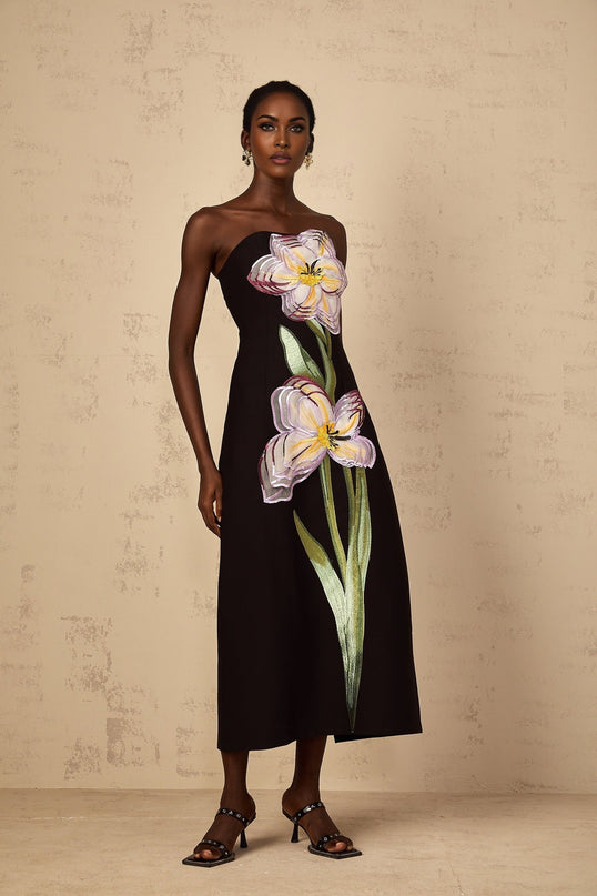 Irène Sequin Embroidered OffShoulder Midi Dress in Black