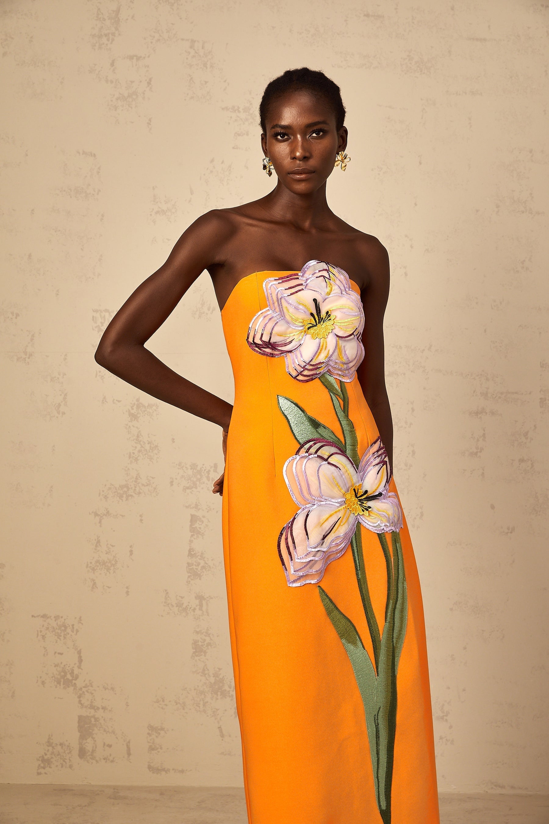 Irène Sequin Embroidered OffShoulder Midi Dress in Orange