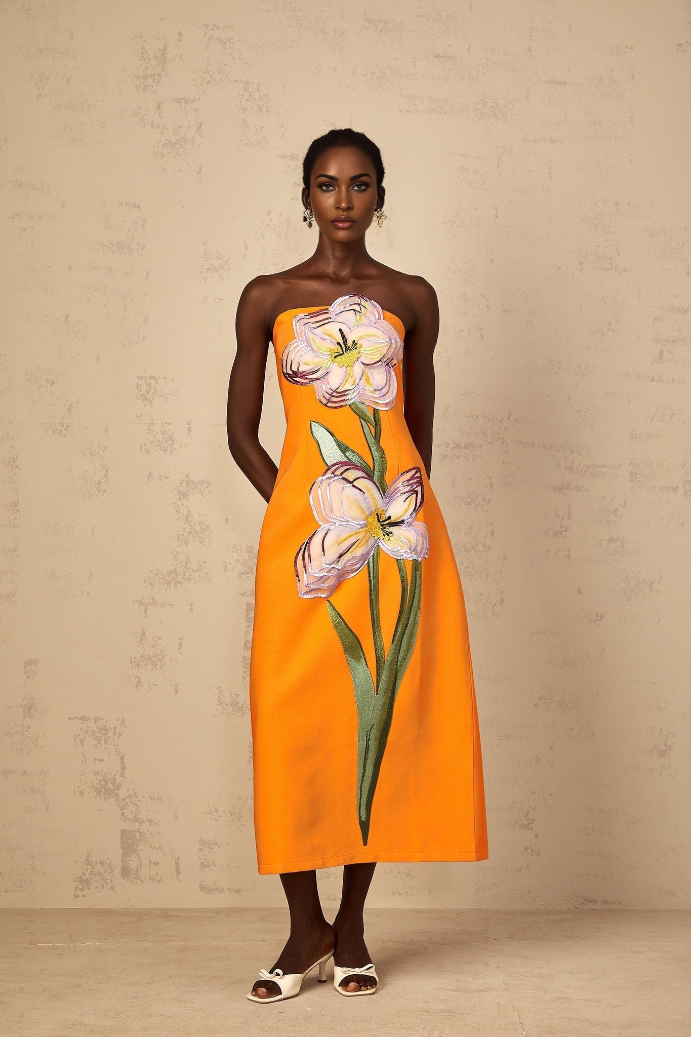 Irène Sequin Embroidered OffShoulder Midi Dress in Orange