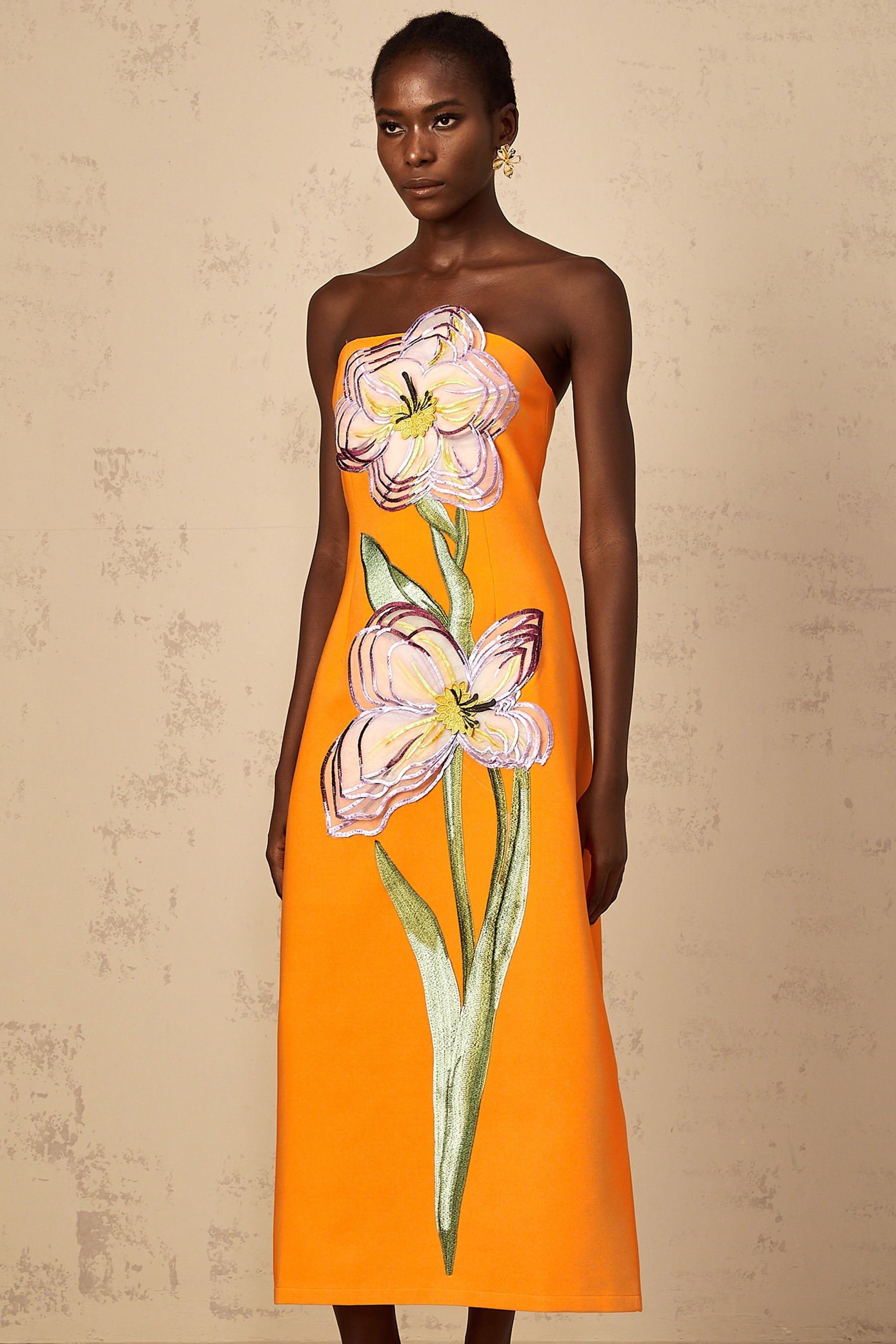 Irène Sequin Embroidered OffShoulder Midi Dress in Orange