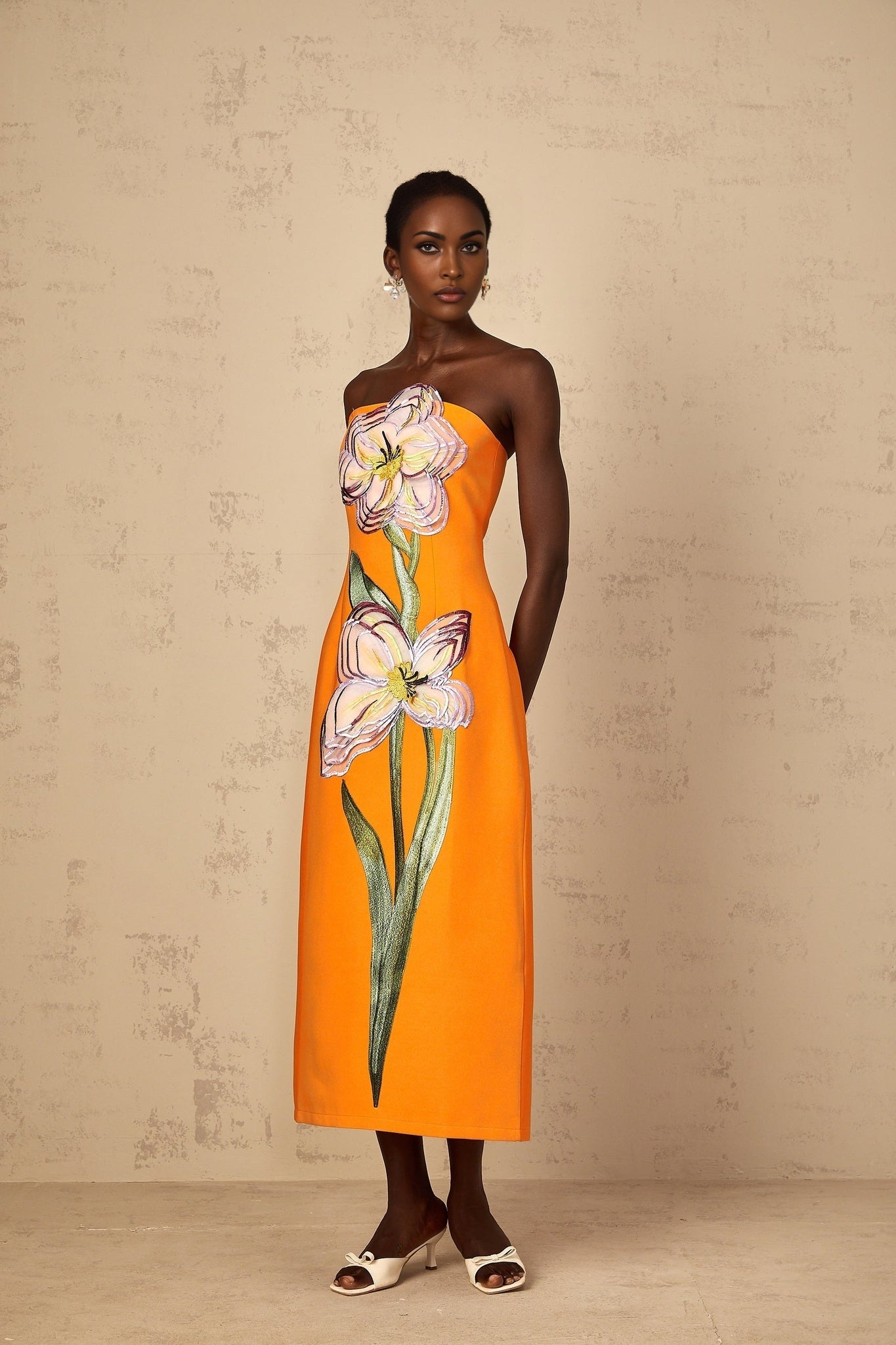 Irène Sequin Embroidered OffShoulder Midi Dress in Orange