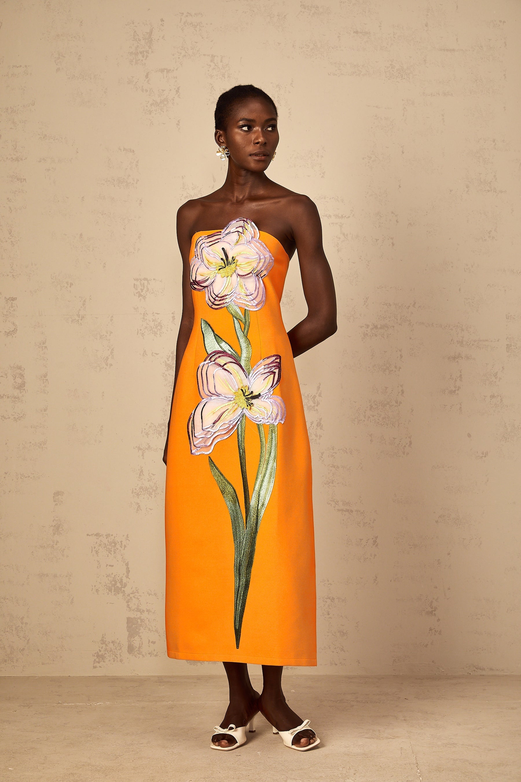 Irène Sequin Embroidered OffShoulder Midi Dress in Orange