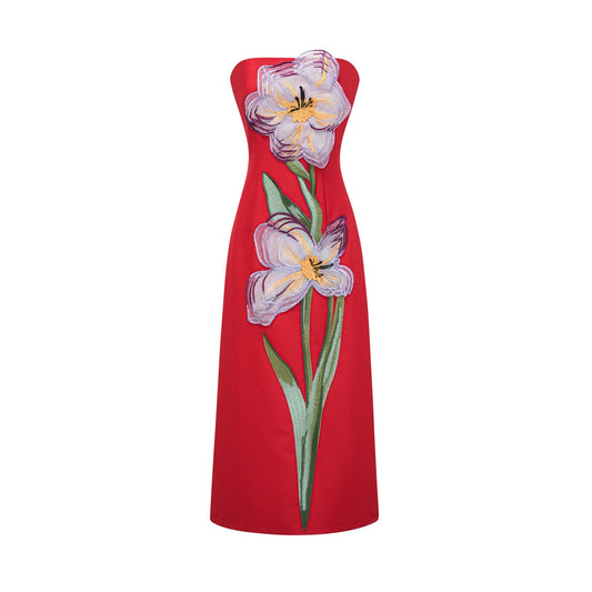 Irène Sequin Embroidered OffShoulder Midi Dress in Red
