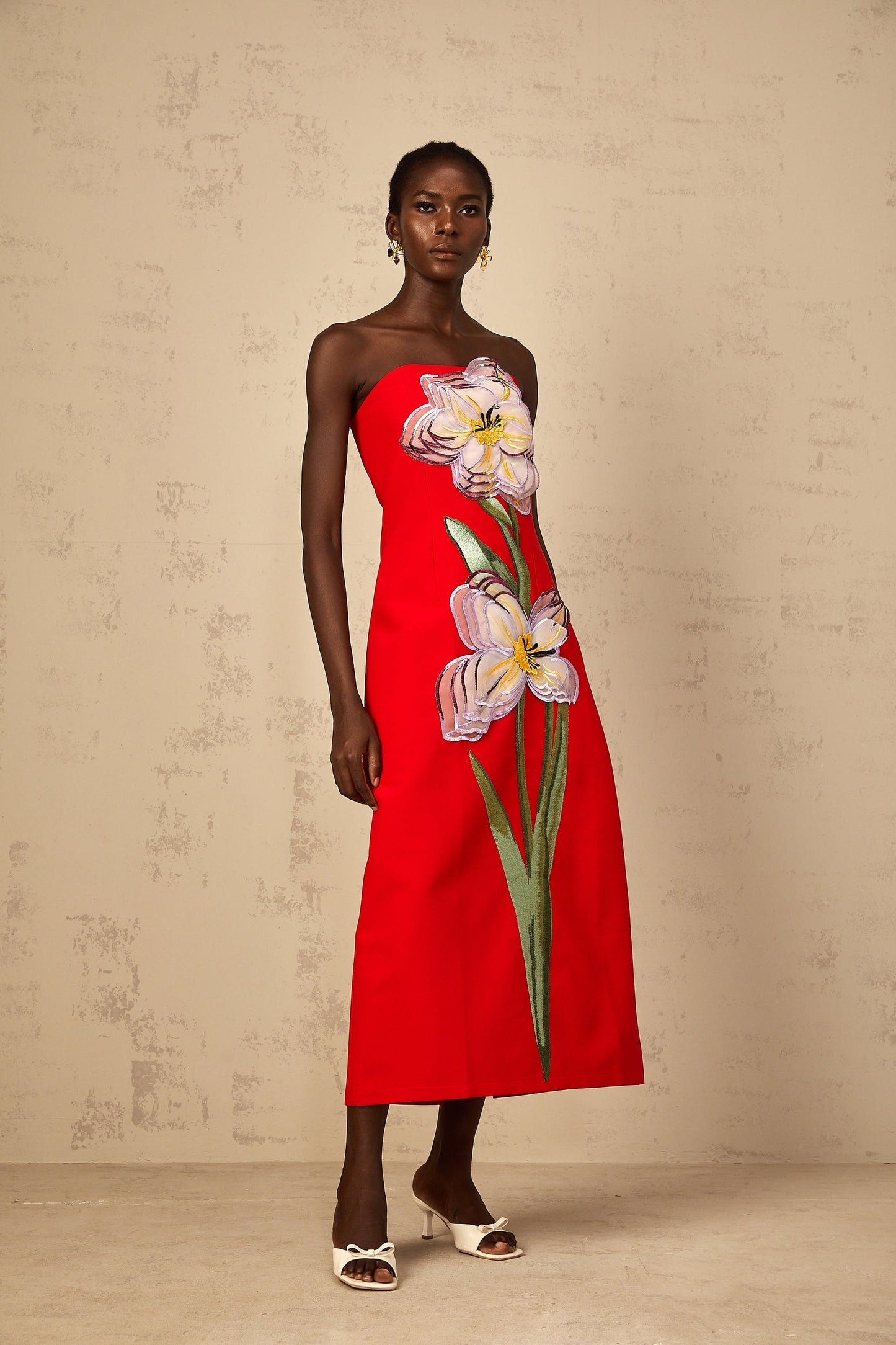 Irène Sequin Embroidered OffShoulder Midi Dress in Red