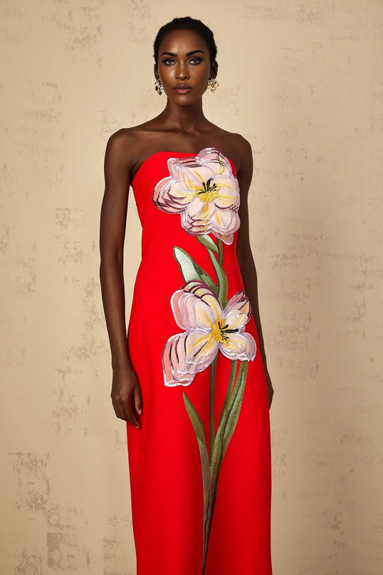 Irène Sequin Embroidered OffShoulder Midi Dress in Red