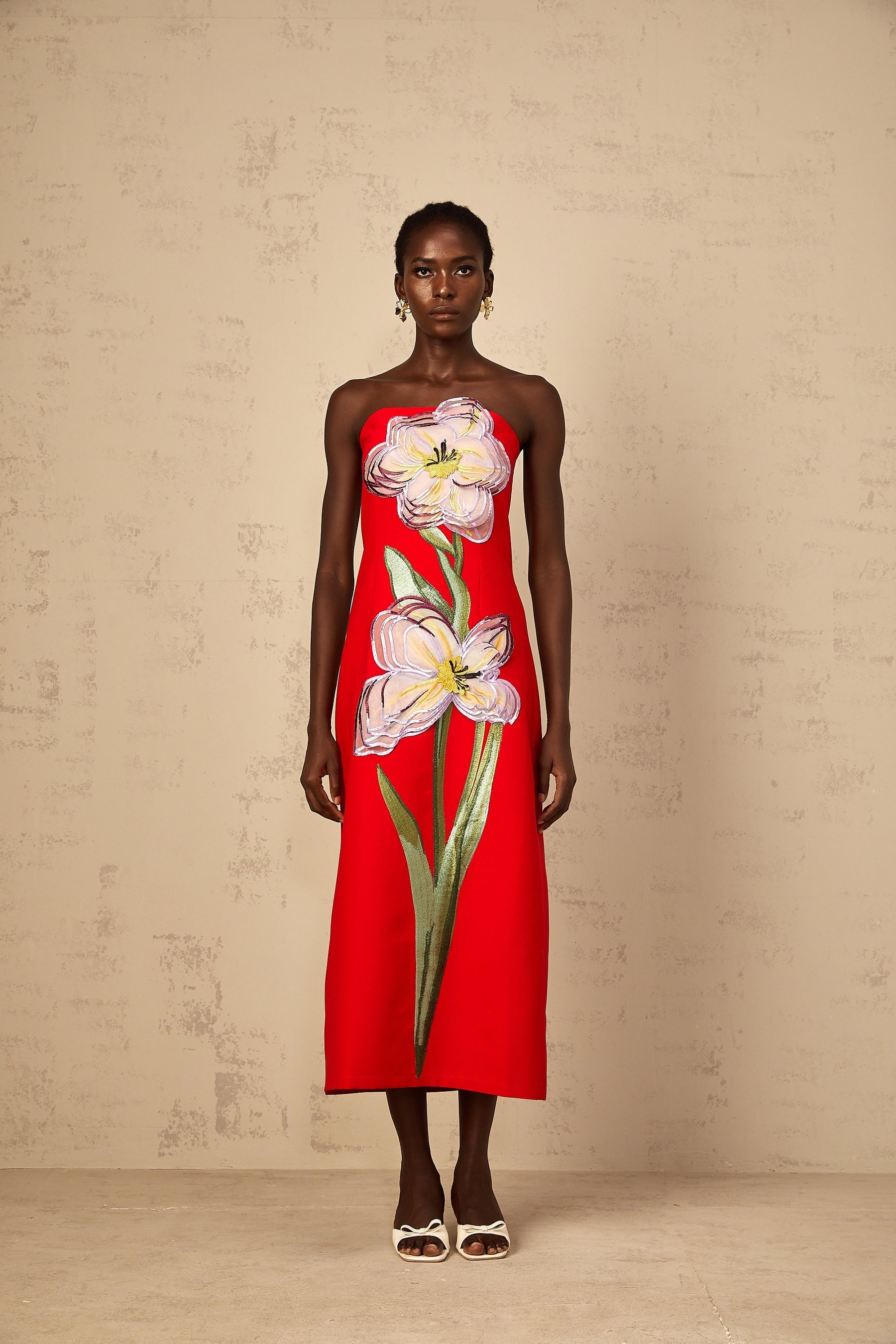 Irène Sequin Embroidered OffShoulder Midi Dress in Red