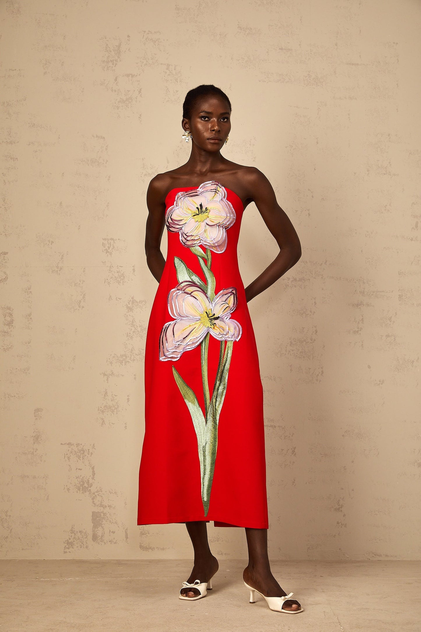 Irène Sequin Embroidered OffShoulder Midi Dress in Red