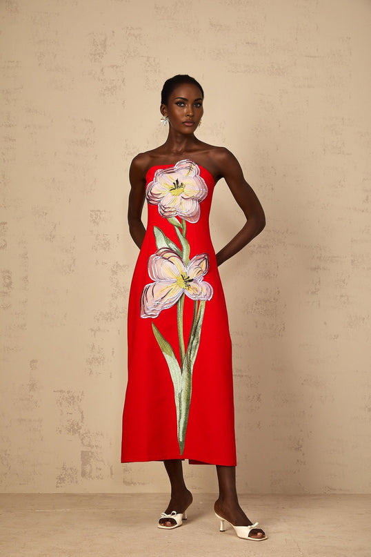 Irène Sequin Embroidered OffShoulder Midi Dress in Red