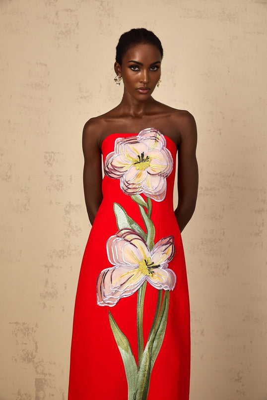 Irène Sequin Embroidered OffShoulder Midi Dress in Red