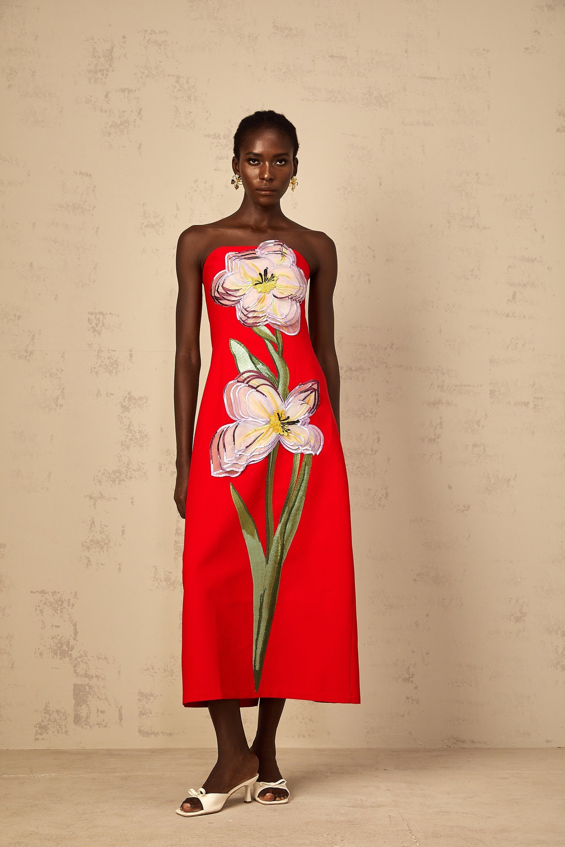 Irène Sequin Embroidered OffShoulder Midi Dress in Red