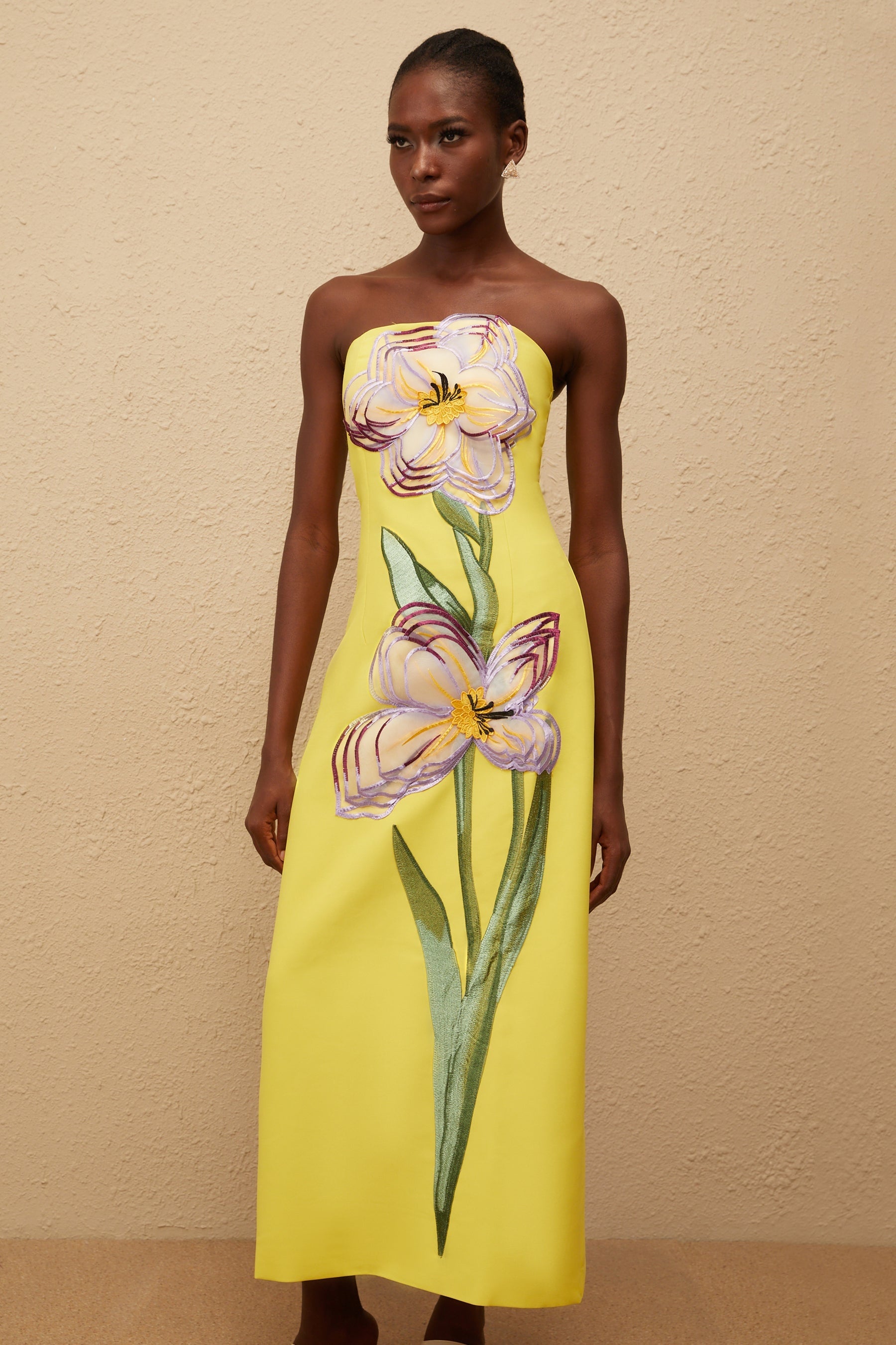 Irène Sequin Embroidered OffShoulder Midi Dress in Yellow