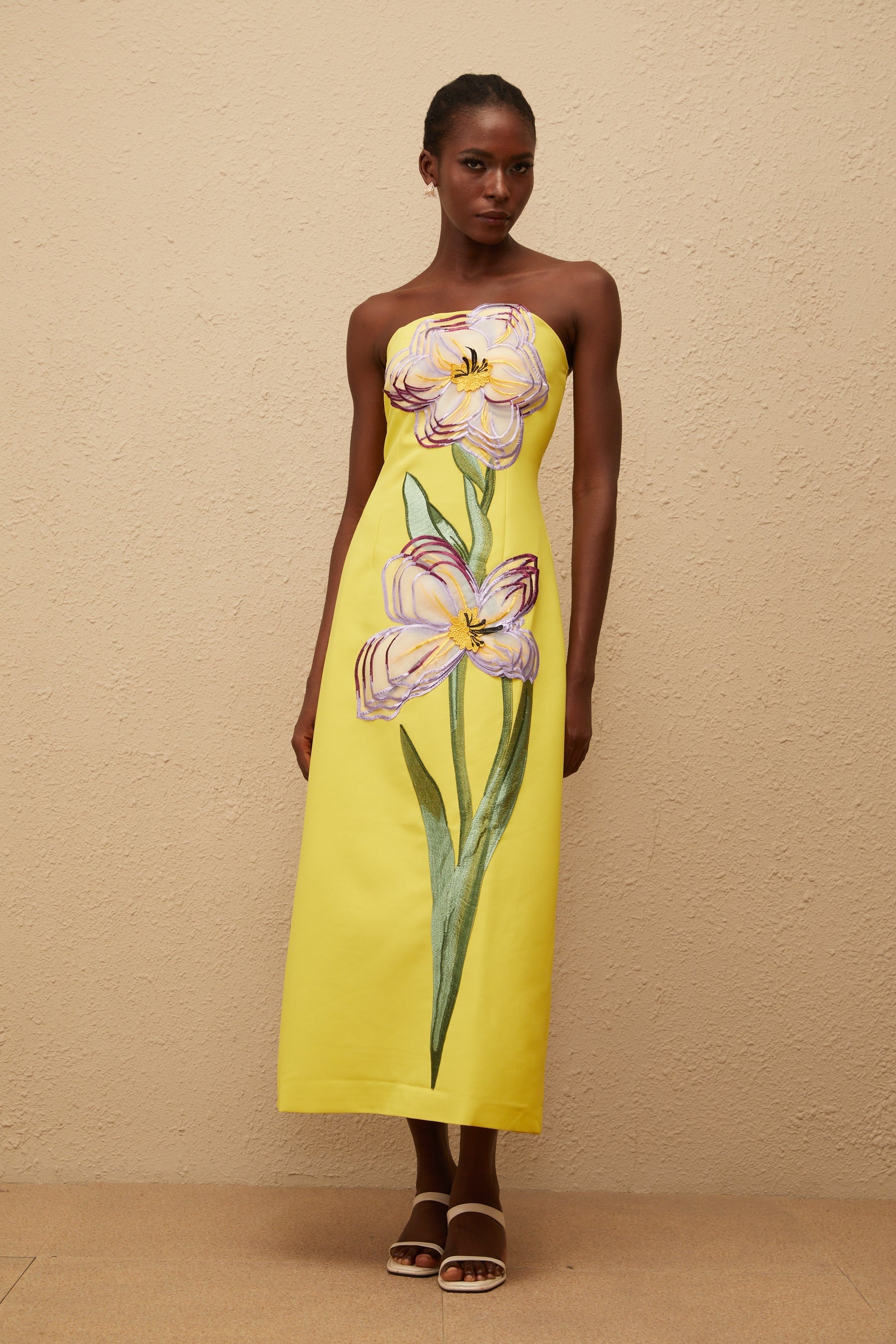 Irène Sequin Embroidered OffShoulder Midi Dress in Yellow