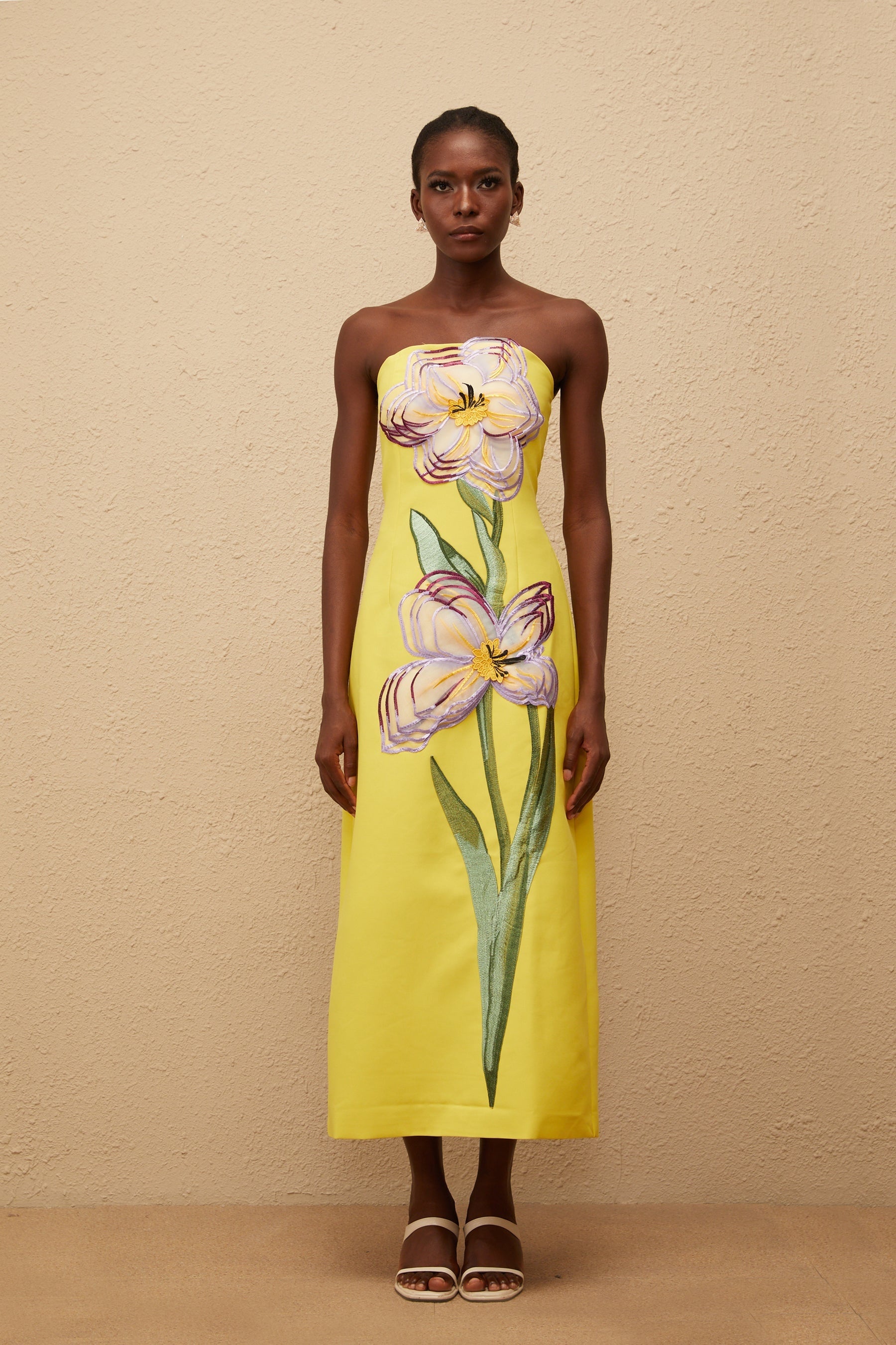 Irène Sequin Embroidered OffShoulder Midi Dress in Yellow