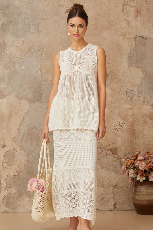 Irène White Cutout Crochet Knit TwoPiece Top and Skirt