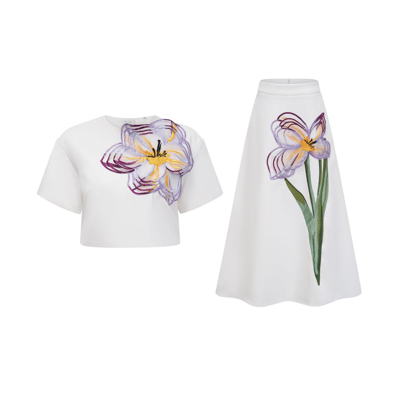 Irène White Sequin Floral Embroidered Matching Set in American English