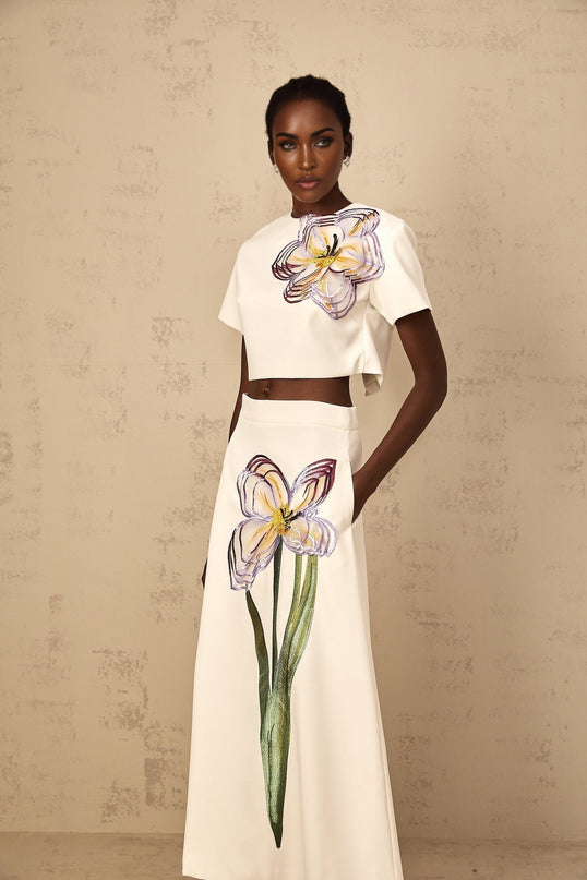 Irène White Sequin Floral Embroidered Matching Set in White