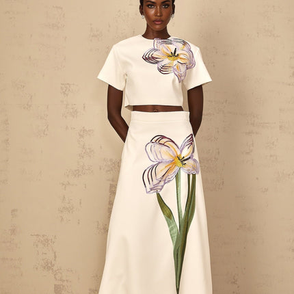 Irène White Sequin Floral Embroidered Matching Set in White