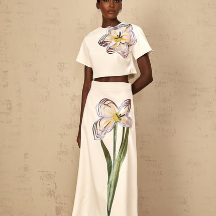 Irène White Sequin Floral Embroidered Matching Set in White Terylene Fiber