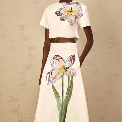 Irène White Sequin Floral Embroidered Matching Set in White Terylene Fiber