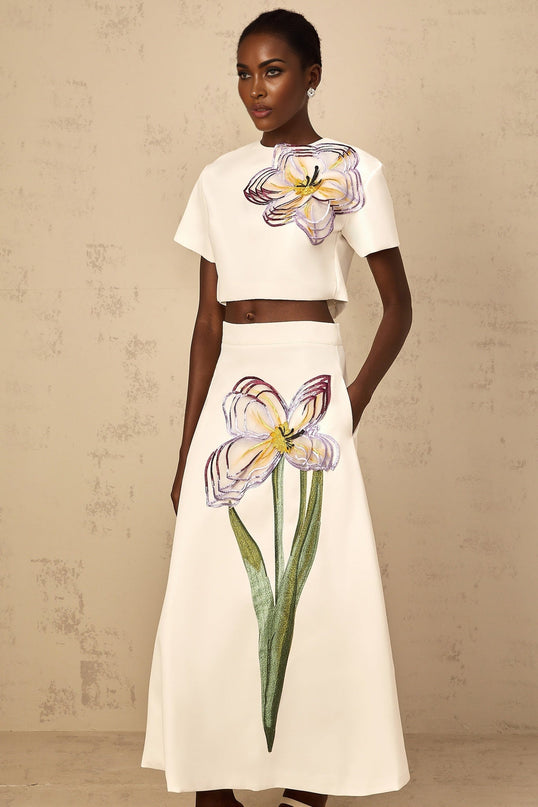 Irène White Sequin Floral Embroidered Matching Set in White Terylene Fiber