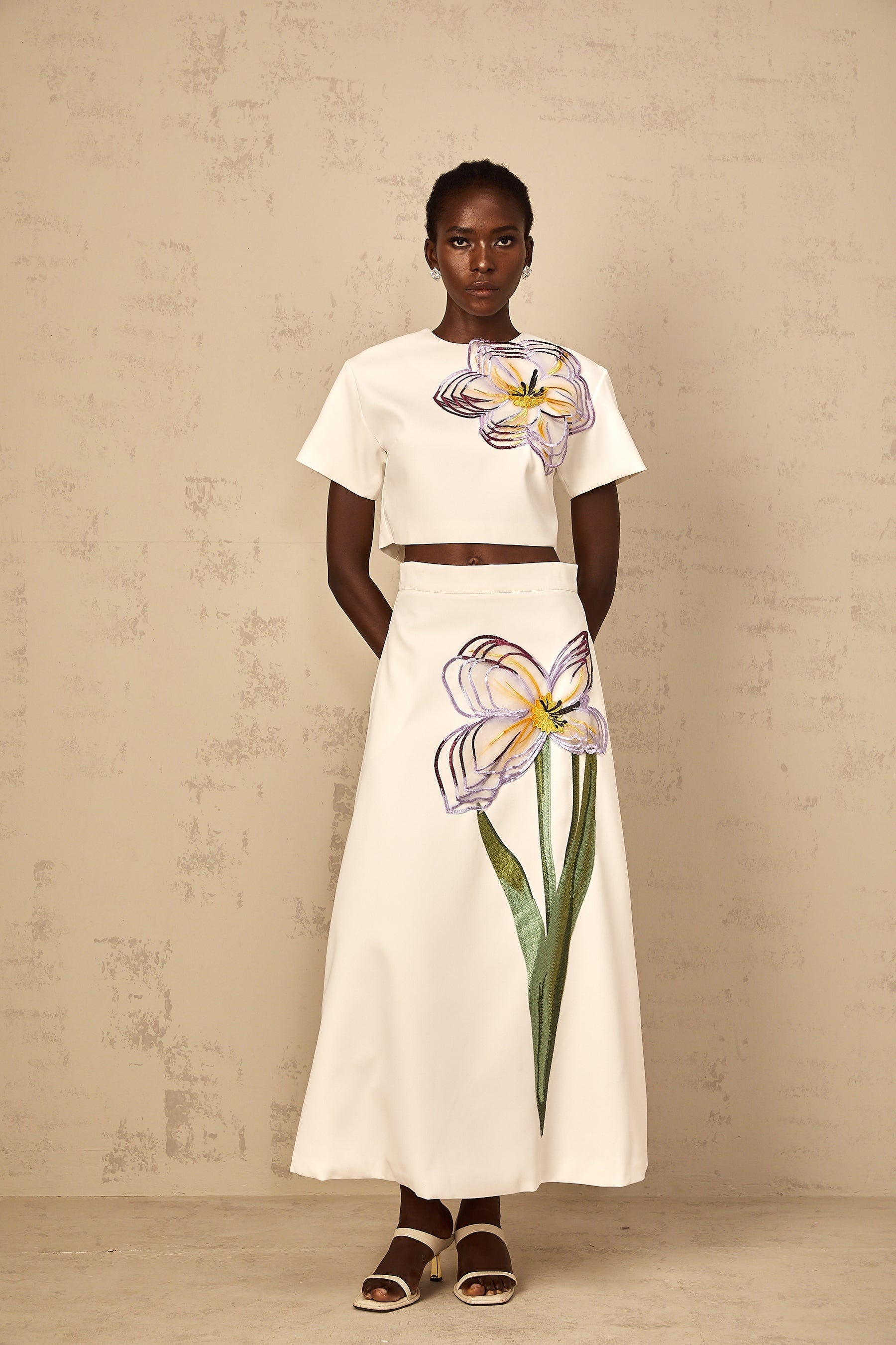Irène White Sequin Floral Embroidered Matching Set