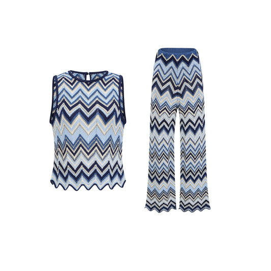 Irina blue zigzagwoven pointelleknit top  trousers matching set