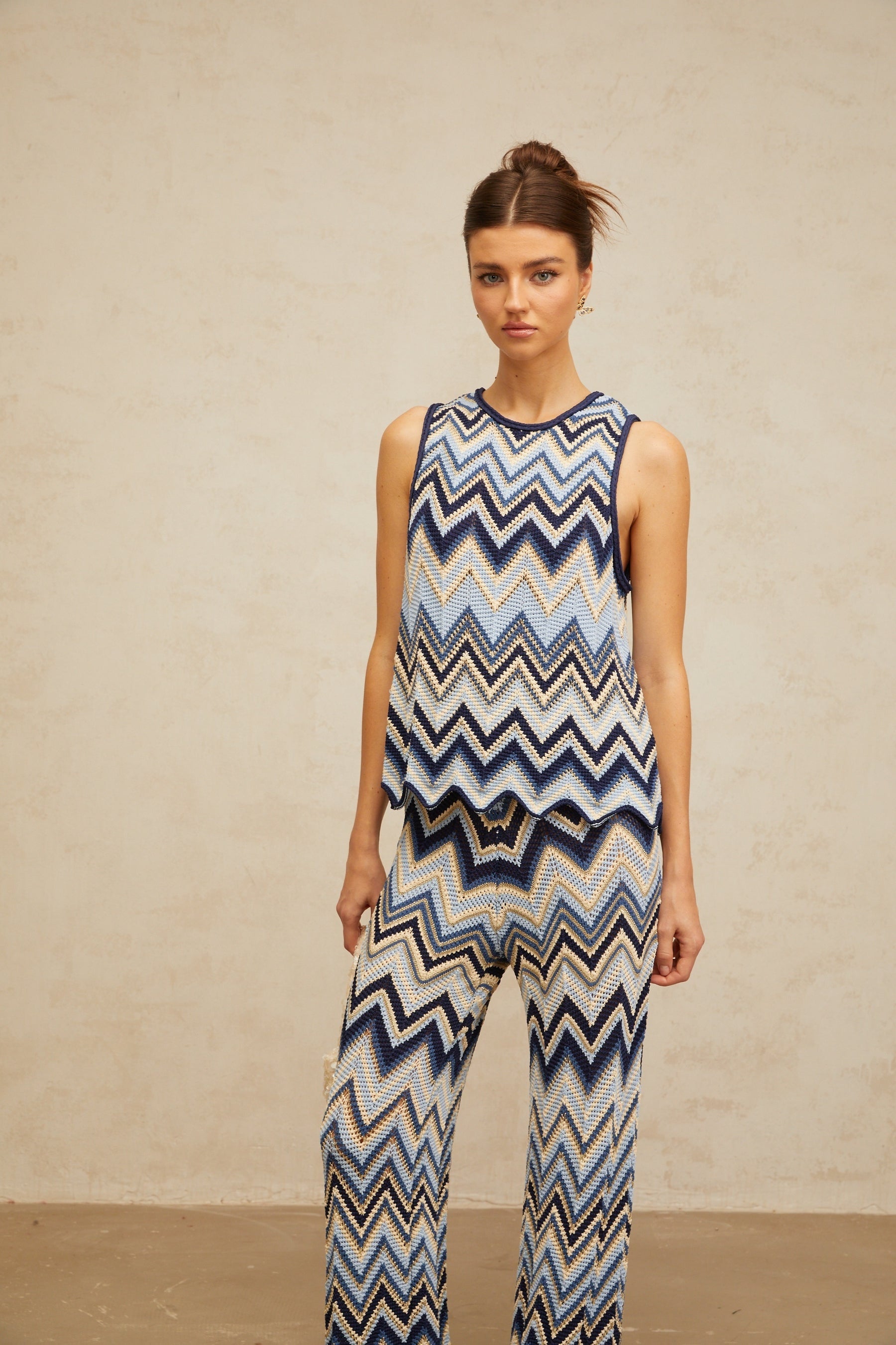 Irina blue zigzagwoven pointelleknit top  trousers matching set