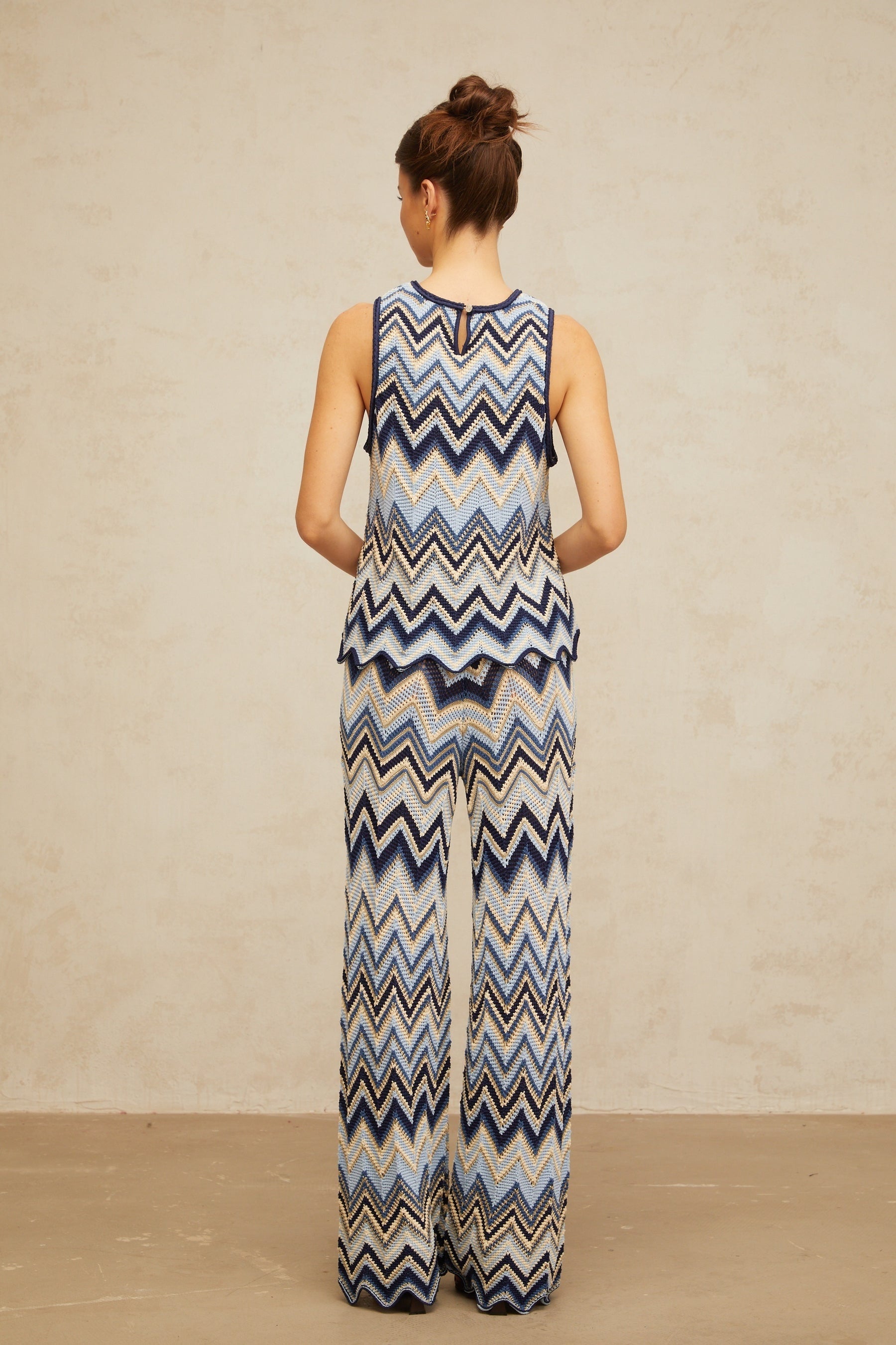 Irina blue zigzagwoven pointelleknit top  trousers matching set
