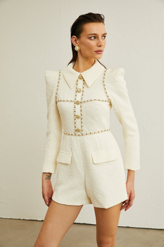 Irina fauxpearl tweed bodysuit