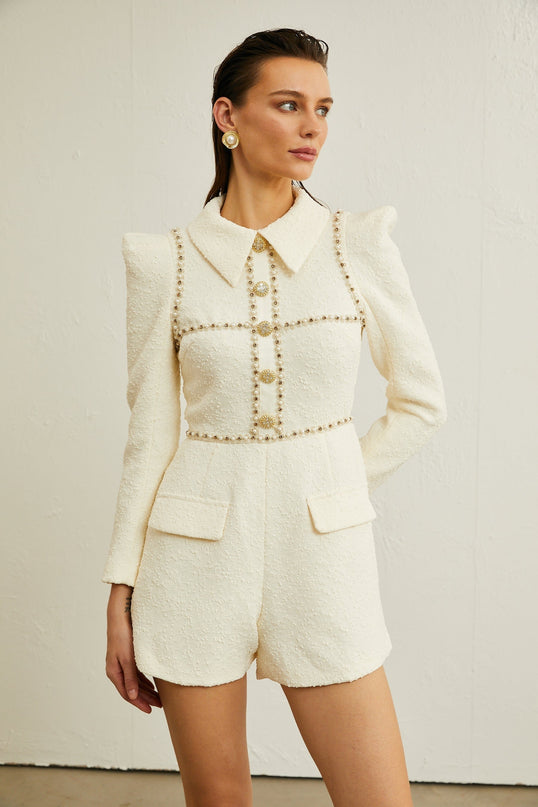 Irina fauxpearl tweed bodysuit