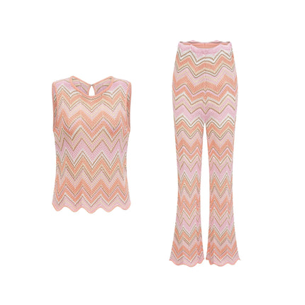 Irina Pink Zigzag Pointelle Knit Matching Set sleeveless top and high-rise trousers in Pink color
