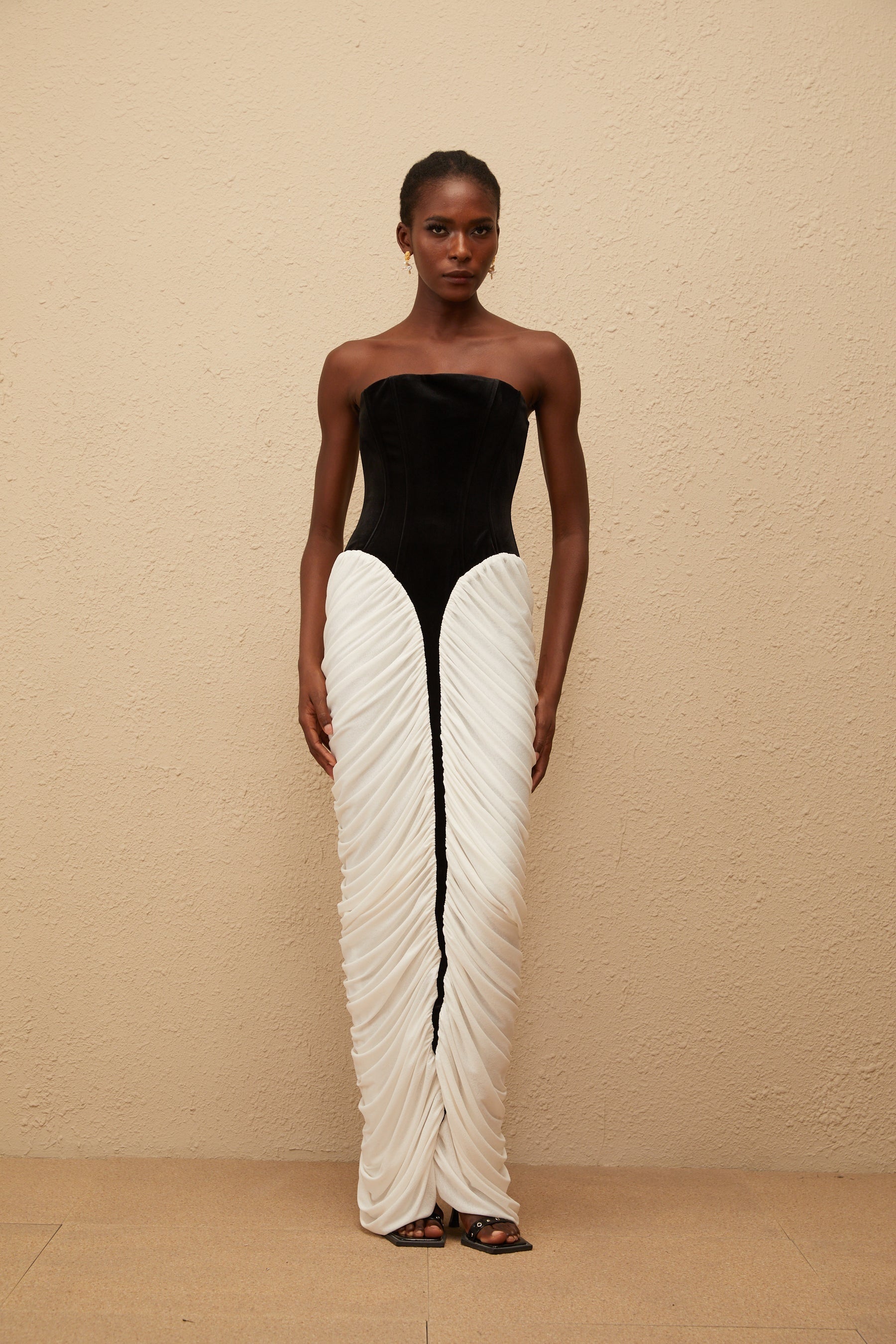 Iris Black Velvet Panel Ruched Maxi Dress