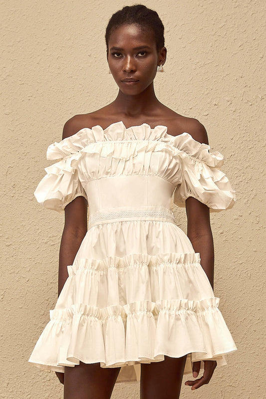 Irja White OffShoulder Shirred Mini Dress