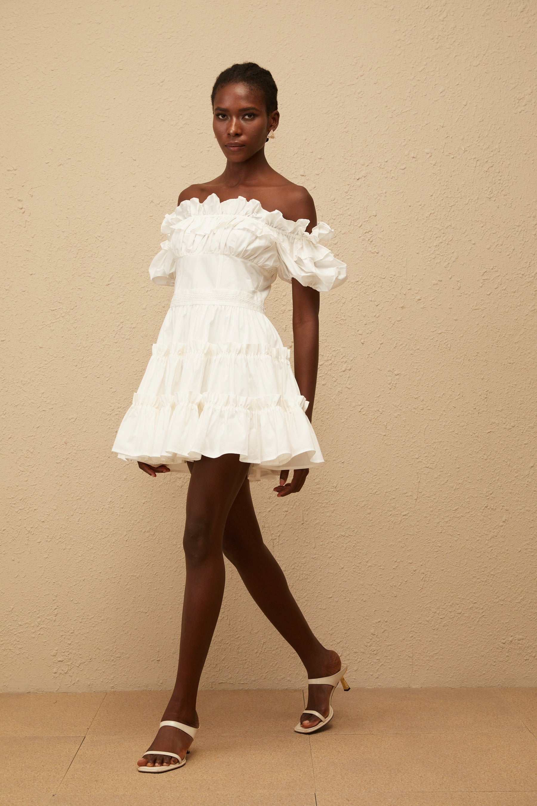 Irja White OffShoulder Shirred Mini Dress