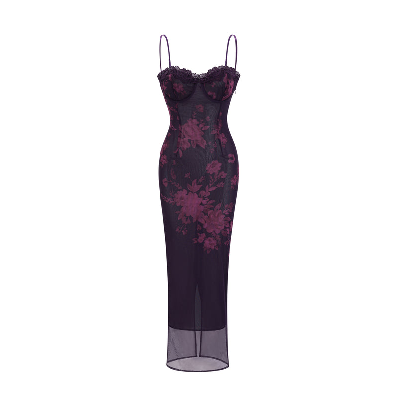 Isabel Floral Purple Mesh Midi Dress
