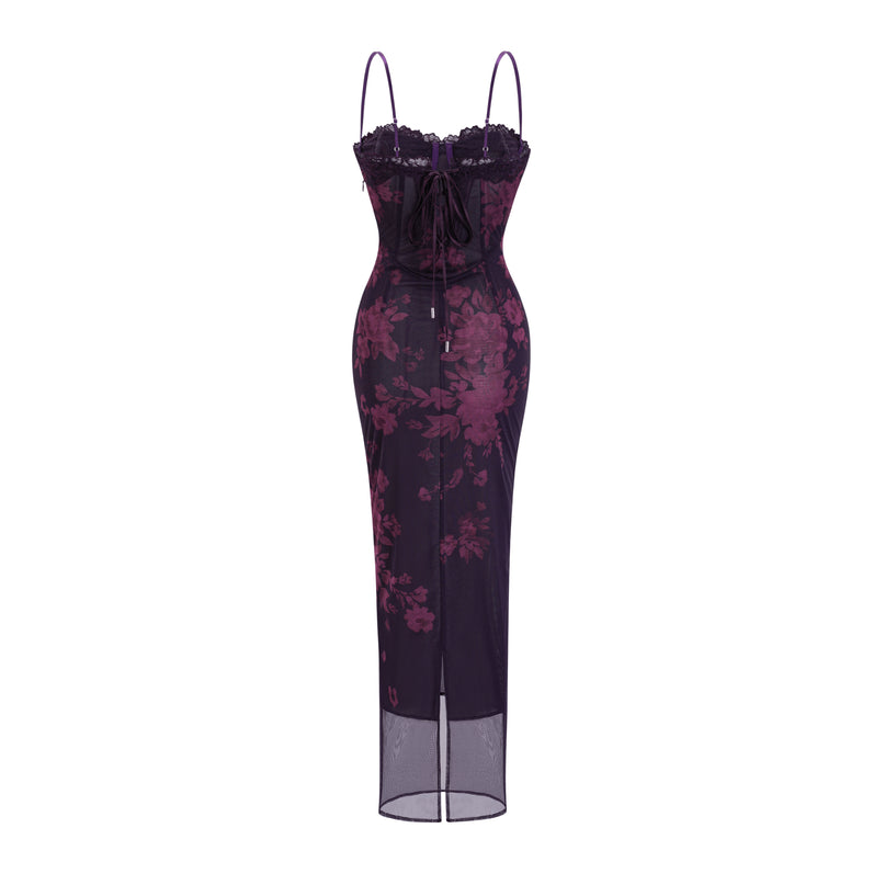 Isabel Purple Floral Midi Dress Mesh Fabric Lace Trims Spaghetti Straps 100% Polyester Elegance Sophistication Allure Grace Glamour Beauty Fashion Forward Wardrobe