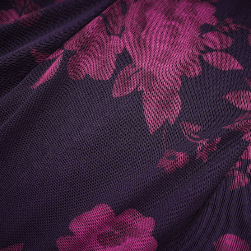 Isabel Purple Floral Midi Dress Mesh Fabric Lace Trims