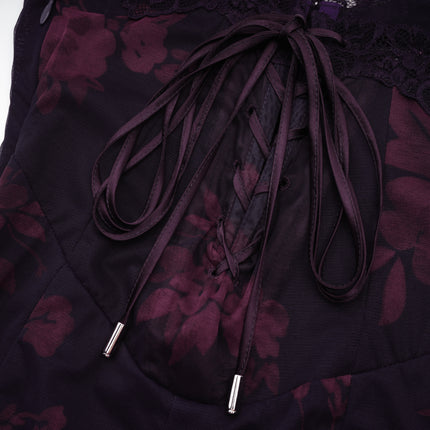 Isabel Purple Floral Midi Dress Mesh Fabric Lace Trims Sleeveless Spaghetti Straps 100% Polyester Elegance Sophistication Beauty Fashion Forward Glamour
