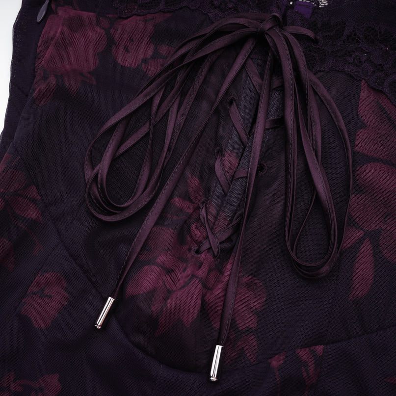 Isabel Purple Floral Midi Dress Mesh Fabric Lace Trims Sleeveless Spaghetti Straps 100% Polyester Elegance Sophistication Beauty Fashion Forward Glamour