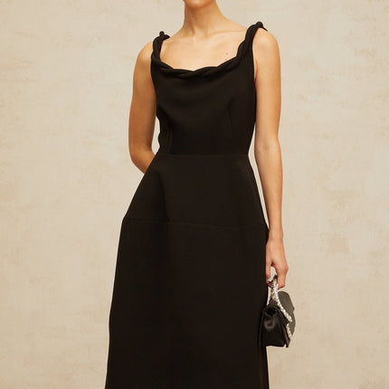 Isabella Black Braided Puff Midi Dress Scoop Neck Sleeveless Wide Straps Cinched Waist Braid Detailing Puff Skirt Calf-Length Rear Zip Fastening Premium Terylene Fiber