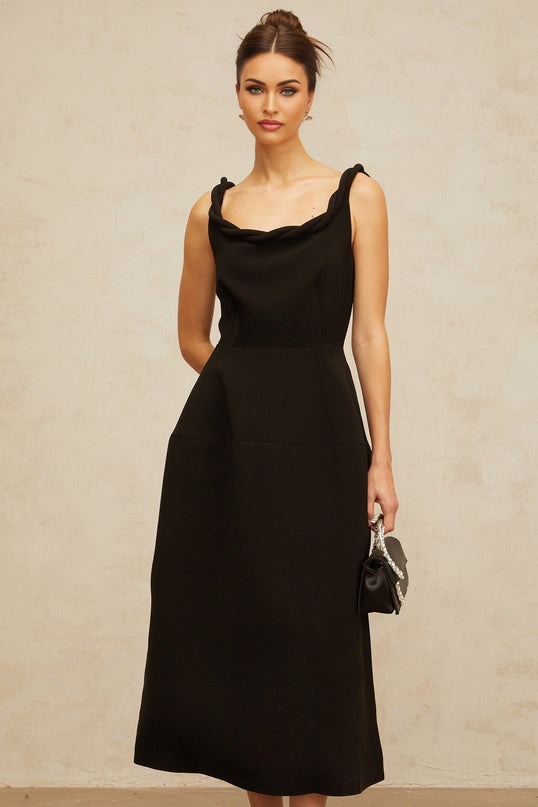 Isabella Black Braided Puff Midi Dress Scoop Neck Sleeveless Wide Straps Cinched Waist Braid Detailing Puff Skirt Calf-Length Rear Zip Fastening Premium Terylene Fiber