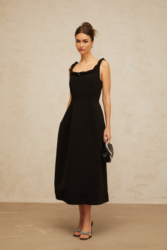 Isabella Black Braided Puff Midi Dress