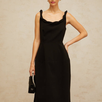 Isabella Black Braided Puff Midi Dress Scoop Neck Sleeveless Wide Straps Cinched Waist Braid Detailing Puff Skirt Calf-Length Rear Zip Fastening Premium Terylene Fiber