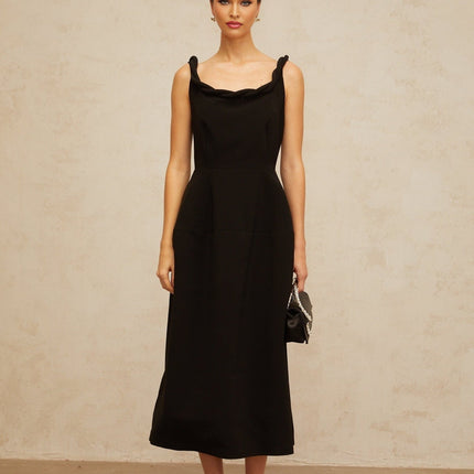 Isabella Black Braided Puff Midi Dress Scoop Neck Sleeveless Wide Straps Cinched Waist Braid Detailing Puff Skirt Calf-Length Rear Zip Fastening Premium Terylene Fiber