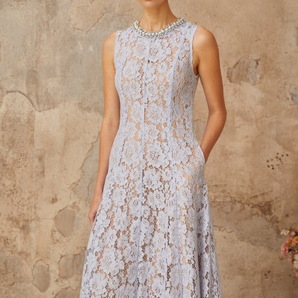Isabella Blue Lace Crystal Embellished Midi Dress