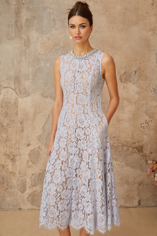 Isabella Blue Lace Crystal Embellished Midi Dress