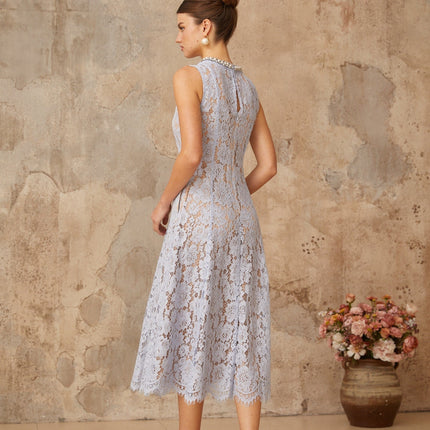 Isabella Blue Lace Crystal Embellished Midi Dress