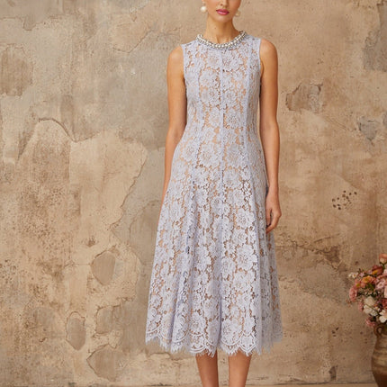 Isabella Blue Lace Crystal Embellished Midi Dress