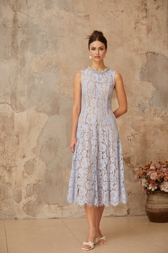 Isabella Blue Lace Crystal Embellished Midi Dress